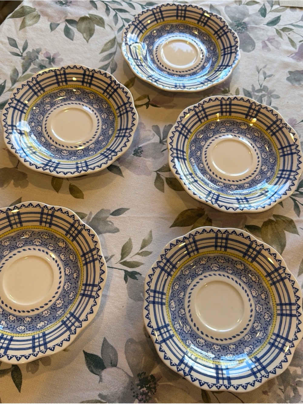 Blue and Yellow Patterned Ceramic saucers Plates Nikko Pleasantdale Set of 5